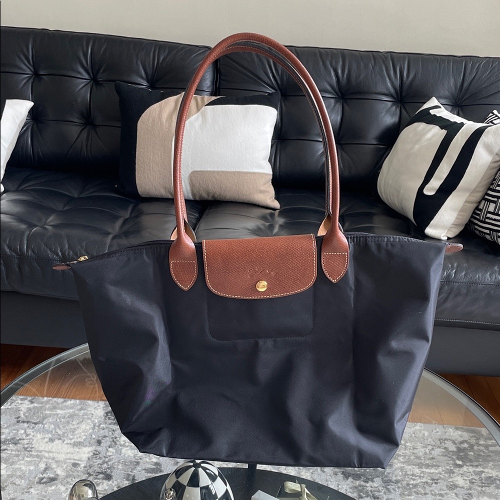 Longchamp Black Tote with Brown Leather Trim